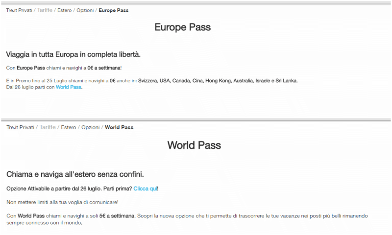 Europe Pass e World Pass le Offerte Tre Estero